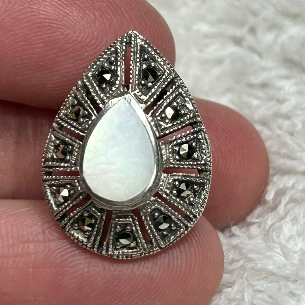 Sterling Silver Marcasite Rhinestone Teardrop Opal Pierced Earring, Single